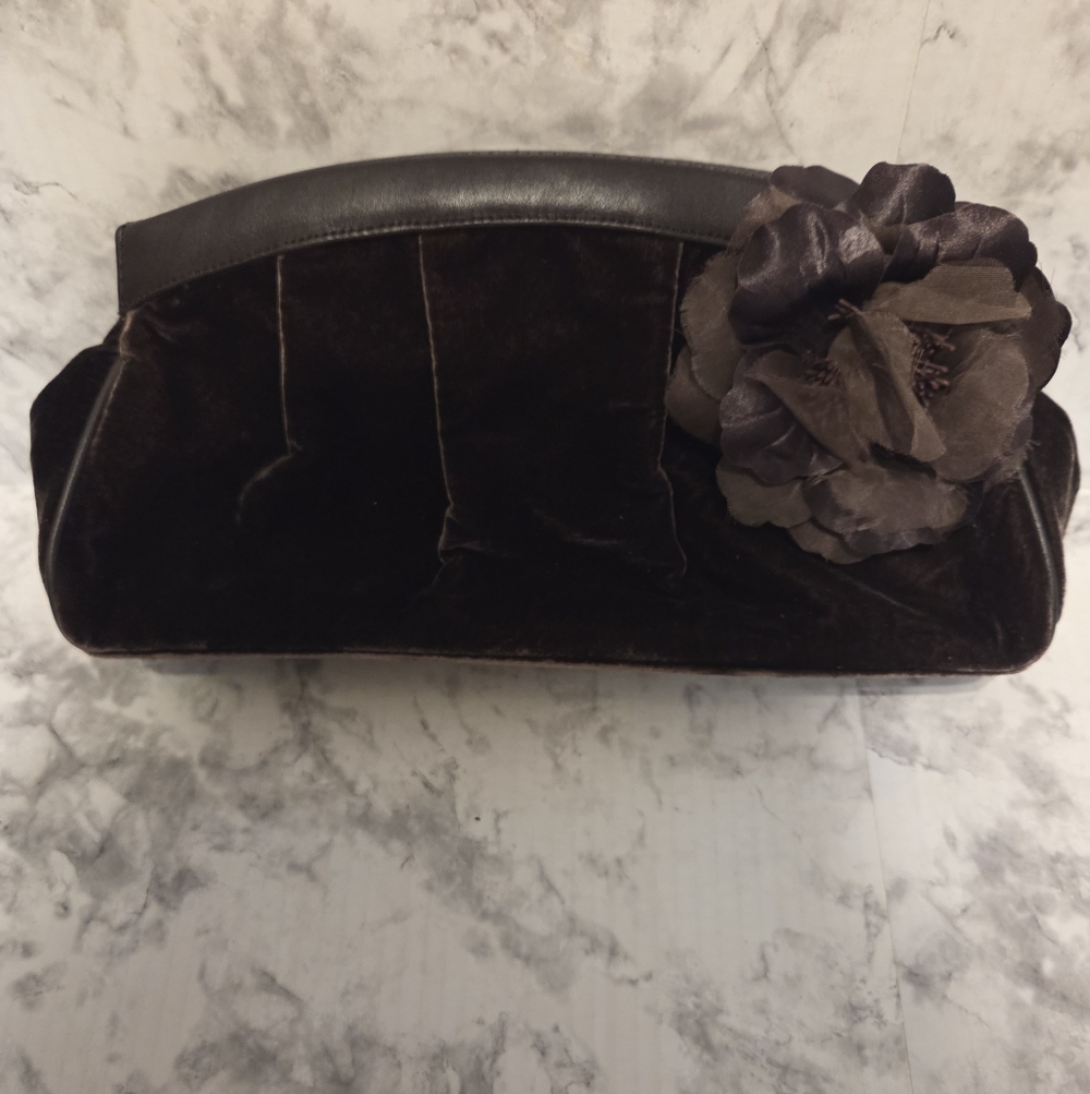 Loft Chocolate Brown Velvet Clutch with Floral Accent
